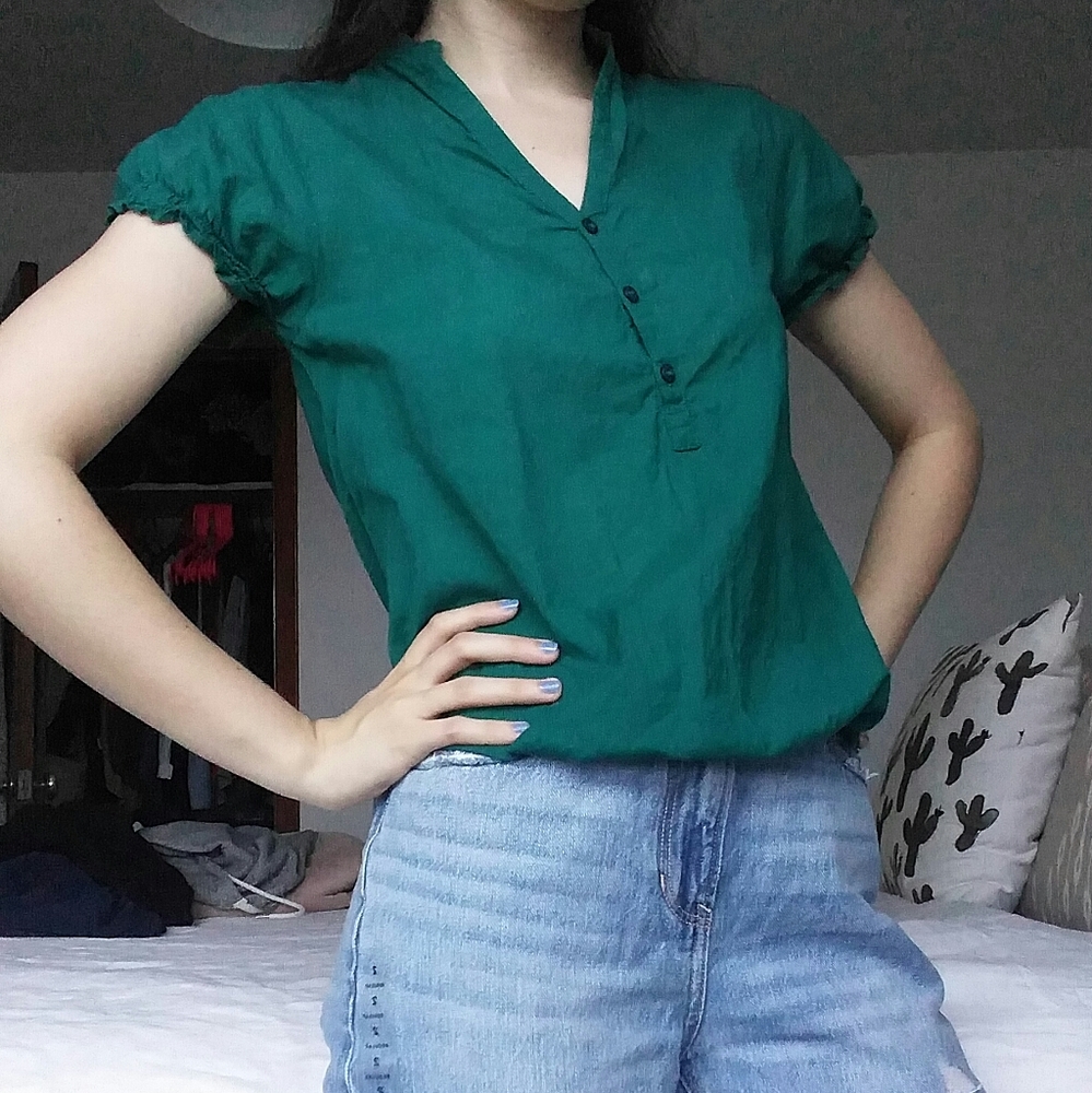 ⚡️SALE⚡️Teal Puff Sleeve Shirt Mandarin Collar